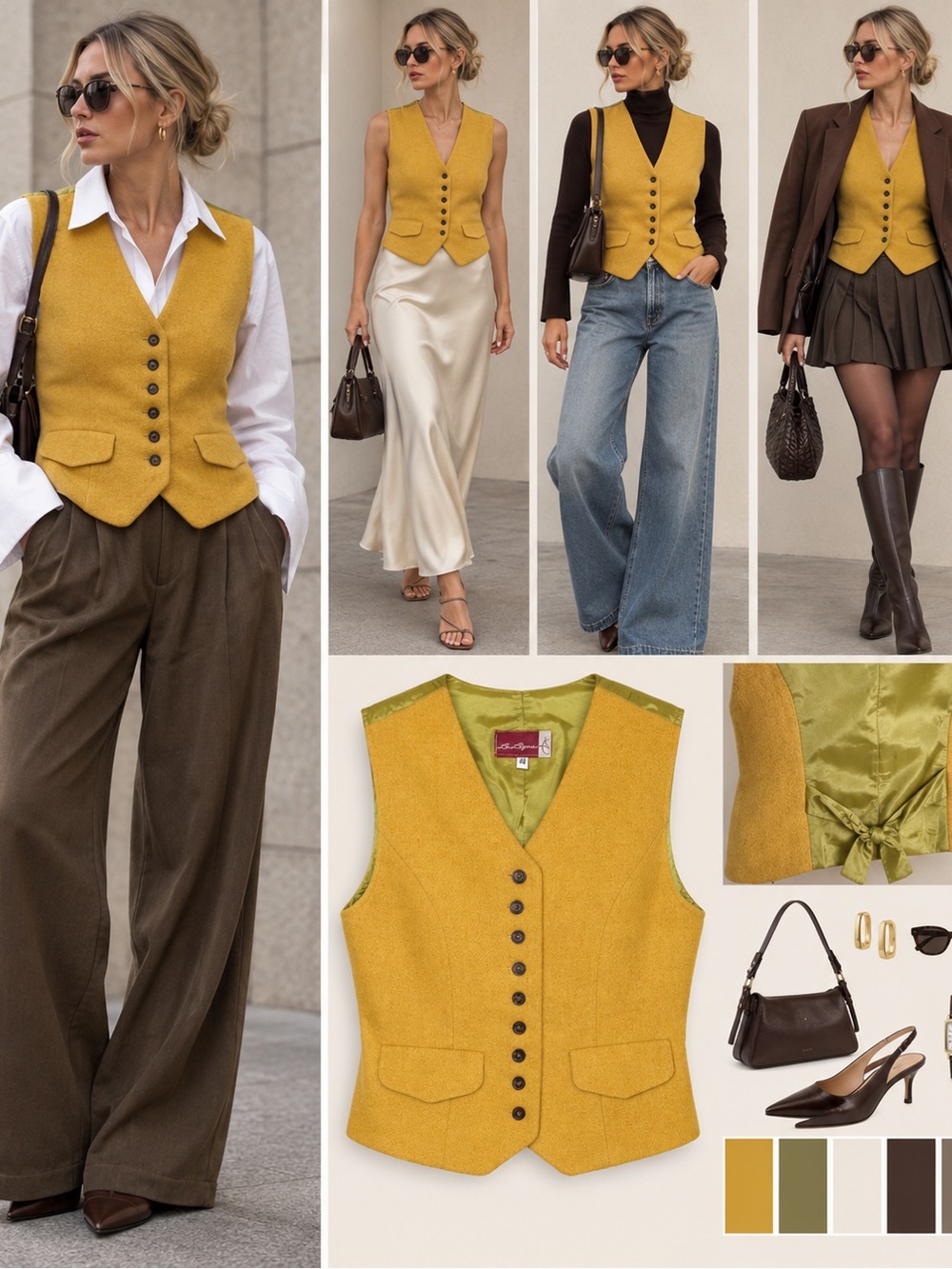 Vintage Mustard Wool Tailored Vest 70% Wool Button Front Size 40